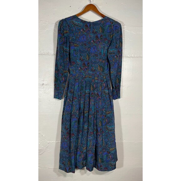 Vintage Albert Nipon Silk Midi Dress Blue Floral Paisley Pleated 90s Size 2 - Picture 11 of 15